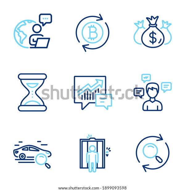 Technology icons set. Included icon as Elevator,\
Search, Refresh bitcoin signs. Conversation messages, Time, Search\
car symbols. Accounting, Check investment line icons. Lift, Find\
results. Vector