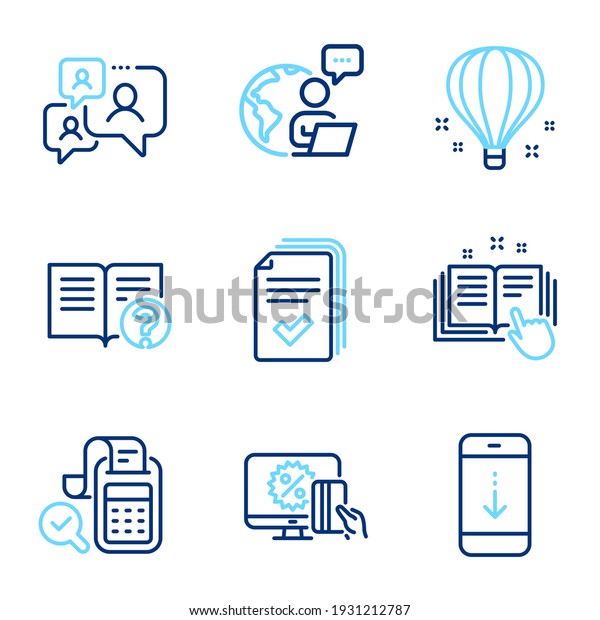 Technology icons set. Included icon as Support\
chat, Handout, Online shopping signs. Scroll down, Technical\
documentation, Bill accounting symbols. Air balloon, Help line\
icons. Line icons set.\
Vector