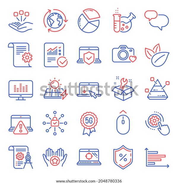 Technology icons set. Included icon as Divider\
document, Scroll down, Checked calculation signs. Music making,\
Consolidation, Online warning symbols. Pyramid chart, Laptop\
insurance. Vector