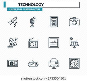 conjunto de ícones de tecnologia - seta relâmpago, microfone vintage, cálculo, painel solar frontal, coleção vetor de contorno de temporizador de cozinha.