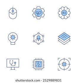 Technology icons set. Line Duotone style, editable stroke. artificial intelligence, green technology, target, computer mouse, gear, nanotechnology, computer, cpu, platform.