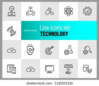 Technology icons. Set of line icons. Smartwatch, wireless game controller, cloud storage. Modern technology concept. Vector illustration can be used for topics like engineering, application