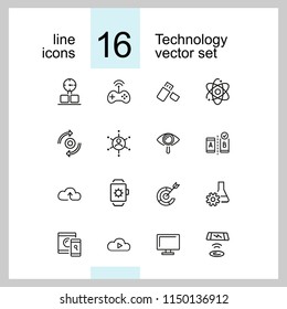 Technology icons. Set of line icons. Smartwatch, wireless game controller, cloud storage. Modern technology concept. Vector illustration can be used for topics like engineering, application