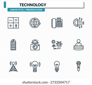 conjunto de ícones de tecnologia - operações matemáticas, satélite em órbita, telefone com fax, teletransporte, coleção de vetor de esboço de microfone básico.