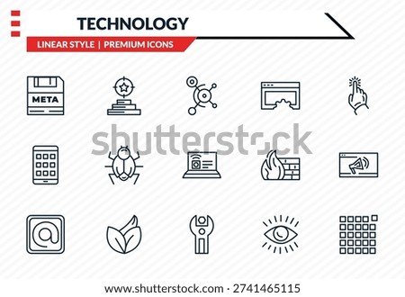 technology icons set - meta elements, reach, native apps, sdk, pixels per inch outline vector collection.