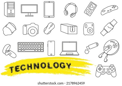 Technology icons set, outline style. Vector line icons isolated on white background.