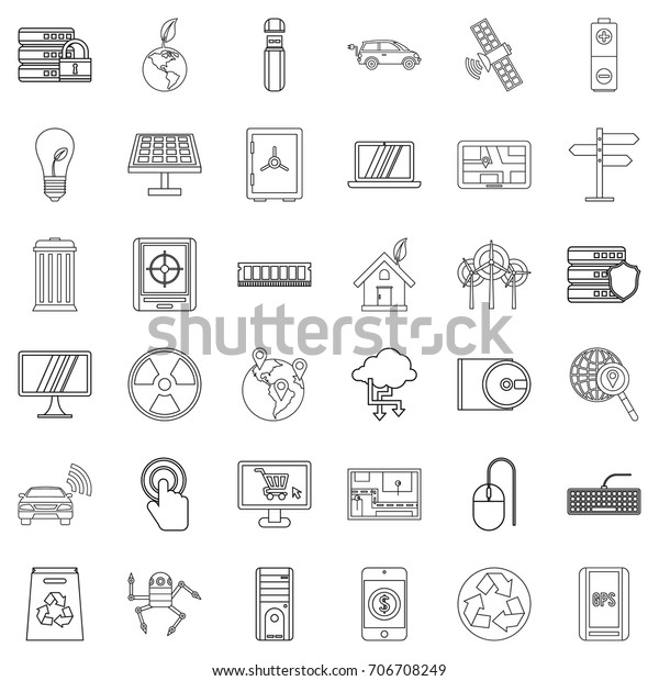 Technology icons set.\
Outline style of 36 technology vector icons for web isolated on\
white background