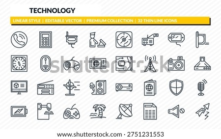technology icons set - reciever, calculation, power plug, no audio, lightning arrow outline vector collection.