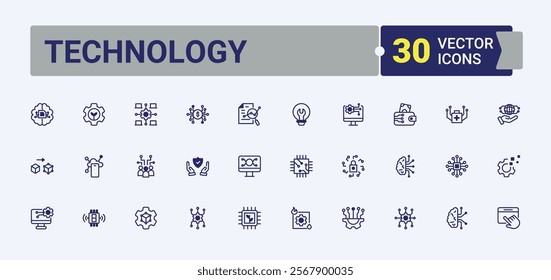 Technology icons set. Related to tech, collection, network, iot, graphic and more. Collection for mobile and web apps. Editable vector outline and solid icons.