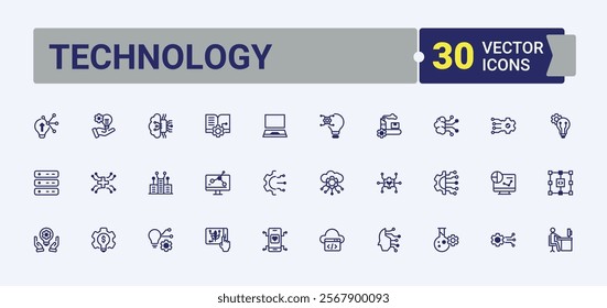 Technology icons set. Related to tech, collection, network, iot, graphic and more. Collection for mobile and web apps. Editable vector outline and solid icons.
