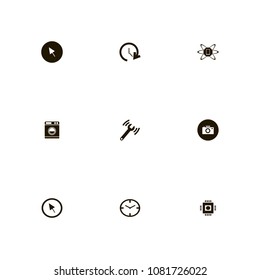 Technology icons set. remote, course, chip and camera
