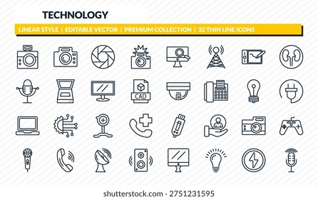technology icons set - retro squared camera, photograph camera, camera shutter, green flash, radio microphone outline vector collection.