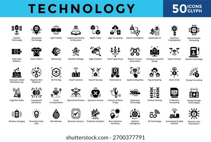 Technology icons set with satellite technology, geospatial technology, light fidelity, augmented reality in education, digital twins, edge computing, swarm intelligence icon. Simple glyph vector 
