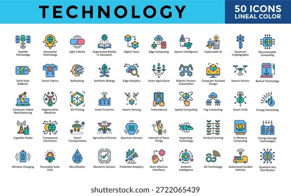 Technologie-Icons mit Satellitentechnologie, Geospatial-Technologie, Light Fidelity, Augmented Reality in der Bildung, Digital Twins, Edge Computing Icon. Einfacher linearer Farbvektor 
