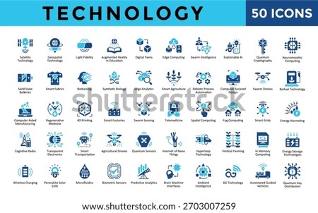 Technology icons set with satellite technology, geospatial technology, light fidelity, augmented reality in education, digital twins, edge computing, swarm intelligence icon. Simple flat vector 
