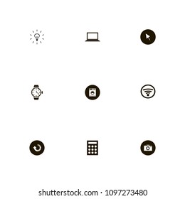 Technology icons set. scores, bulb, laptop and washer