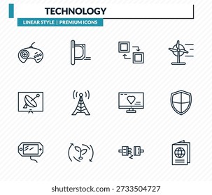 technology icons set - sega gamepad, straight air, mode, shields, international passport outline vector collection.