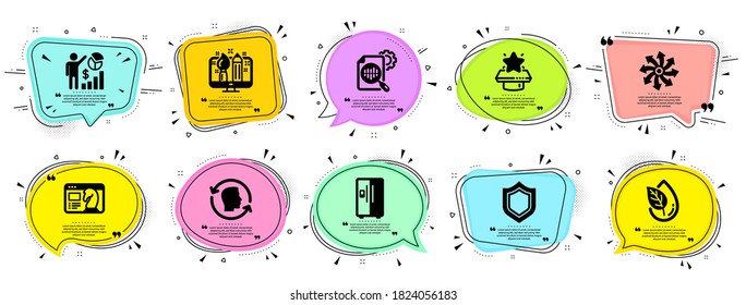 Technology icons set. Speech bubble offer banners. Vector coupon badge. Included icon as Seo stats, Creative design, Face id signs. Winner podium, Versatile, Refrigerator symbols. Vector