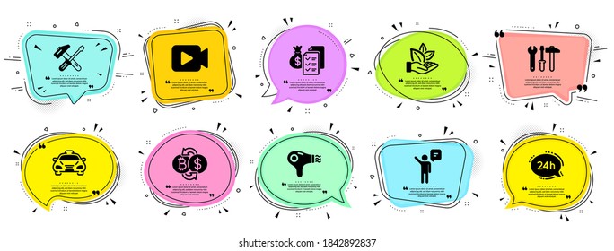 Technology icons set. Speech bubble offer banners. Vector coupon badge. Included icon as Taxi, Bitcoin exchange, Hammer tool signs. Agent, Organic product, 24h service symbols. Vector