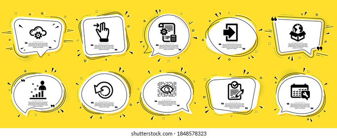 Technology icons set. Speech bubble offer banners. Yellow coupon badge. Included icon as Stats, Login, Touchscreen gesture signs. Vector