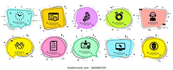 Technology icons set. Speech bubble offer banners. Vector coupon badge. Included icon as Time, Project deadline, Certificate signs. Smartphone holding, 3d chart, Support symbols. Vector