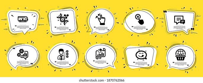 Technology icons set. Speech bubble offer banners. Yellow coupon badge. Included icon as Comment, Touchscreen gesture, Yummy smile signs. Cogwheel, Chemistry dna, Third party symbols. Vector