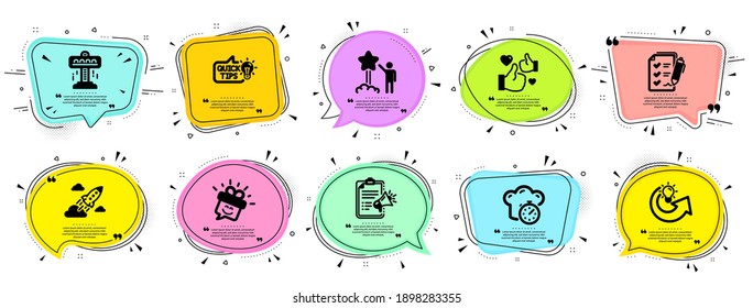 Conjunto de iconos de tecnología. La burbuja de la voz ofrece carteles. Tarjeta de cupón vectorial. Icono incluido como Star, lista de verificación Megaphone, señales Smile. Compartir idea, Lista de verificación Encuesta, Símbolos de atracción. Vector