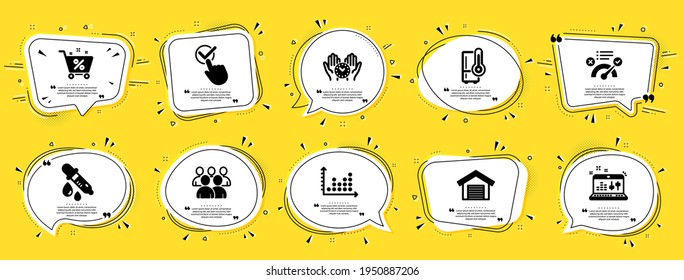 Technology icons set. Speech bubble offer banners. Yellow coupon badge. Included icon as Correct answer, Chemistry pipette, Safe time signs. Refrigerator, Dot plot, Parking garage symbols. Vector