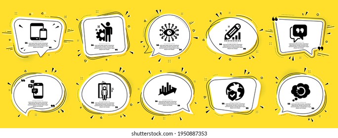 Conjunto de iconos de tecnología. La burbuja de la voz ofrece carteles. Insignia de cupón amarillo. Icono incluido como burbuja de cotizaciones, comunicación, signos de datos de recuperación. Vector