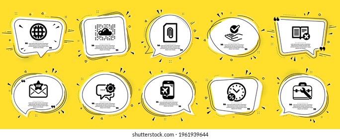 Technology Icons Set. Speech Bubble Offer Banners. Yellow Coupon Badge. Included Icon As Approved, Reject Book, Vip Mail Signs. Flight Mode, Tool Case, Globe Symbols. Vector
