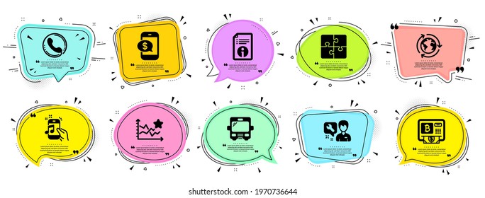 Technology icons set. Speech bubble offer banners. Vector coupon badge. Included icon as Repairman, Outsourcing, Phone payment signs. Ranking stars, Technical info, Music phone symbols. Vector