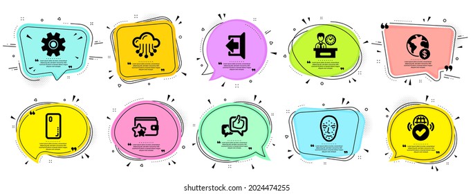 Technology icons set. Speech bubble offer banners. Vector coupon badge. Included icon as Cloud storage, Smartphone cover, Face biometrics signs. Vector