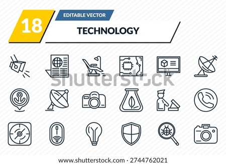 technology icons set - spotlights, worlwide news, operating table, search bug, digital photo camera outline vector collection.