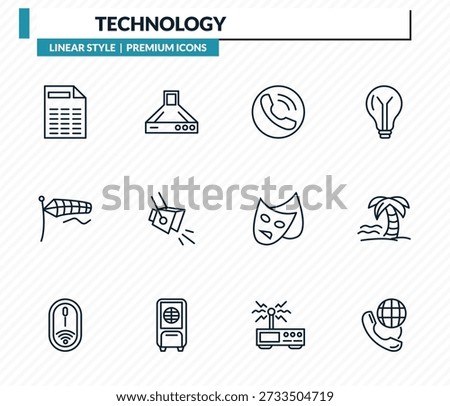 technology icons set - spreadsheet, hood, reciever, holiday, international call outline vector collection.