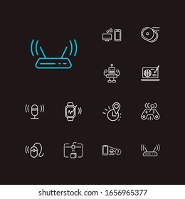 Technology icons set. Steamroller and technology icons with web design, find my phone and joystick. Set of audio for web app logo UI design.