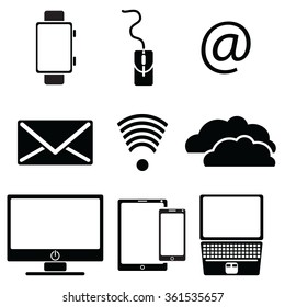 Technology icons set with tablet, mobile phone, smart watch ,  ampersand,  emails envelope,  and electronic mail, cloud storage , cloud computing, network and signal strength, network accessibility,
