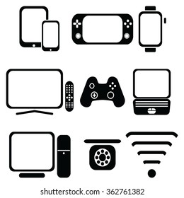 Technology icons set with tablet, mobile phone, smart watch , game console, smart tv, players joystick for game console,  laptop , PC, Internet and  network  signal strength and accessibility,
