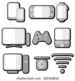 Technology icons set with tablet, mobile phone, smart watch , game console, smart tv, players joystick for game console,  laptop , PC, Internet and  network  signal strength and accessibility in 3d 
