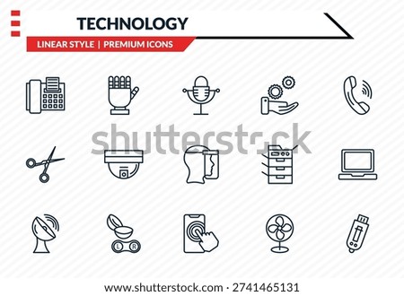 technology icons set - telephone with fax, robotic hand, hairdressing tools, touchscreen, inclined pendrive outline vector collection.