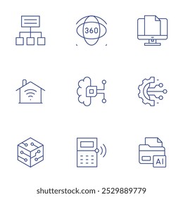 Conjunto de iconos de Tecnología. Estilo de línea delgada, carrera editable. proyecto, casa inteligente, tecnología, computadora, transformación digital, carpeta, grados, inteligencia artificial, calculadora.