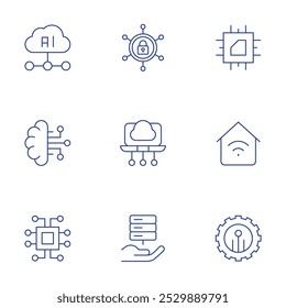 Conjunto de ícones de tecnologia. Estilo Thin Line, curso editável. segurança cibernética, computação de borda, hospedagem, processador, casa inteligente, tecnologia, inteligência artificial, cérebro, chip.