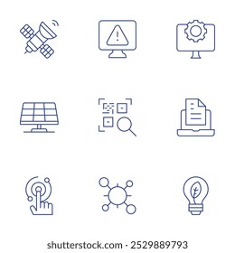 Technology icons set. Thin Line style, editable stroke. computer, document, green energy, satellite, solar panel, touch, alert, barcode, cells.