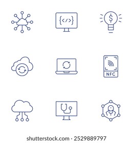 Technologie-Symbole eingestellt. Stil der dünnen Linie, bearbeitbarer Strich. Cloud, Cloud-Daten, Glühbirne, Nanotechnologie, nfc, Computer, Laptop, Codierung, Cloud-Sync.