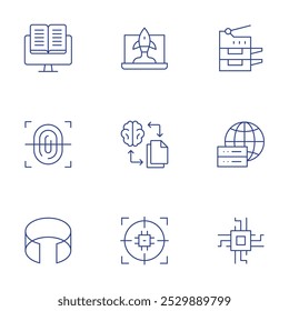 Technology icons set. Thin Line style, editable stroke. digital learning, fingerprint, immersive vr, startup, target, transfer, big data, chip, scanner.