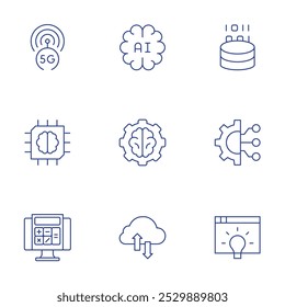 Conjunto de ícones de tecnologia. Estilo Linha fina, traçado editável. 5g, inteligência artificial, calculadora, análise de dados, engenharia, ideia, cérebro, nuvem.