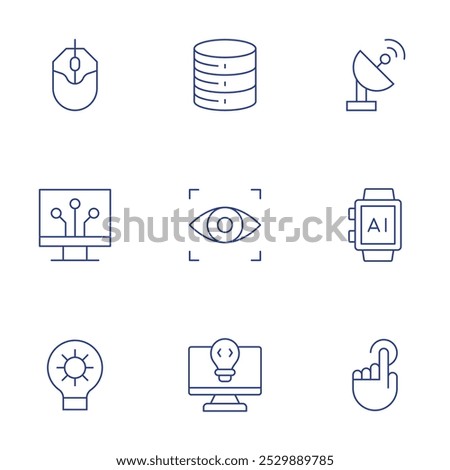 Technology icons set. Thin Line style, editable stroke. database, eye scanner, idea, satellite, smartwatch, touch, computer mouse, digitalization, gear.