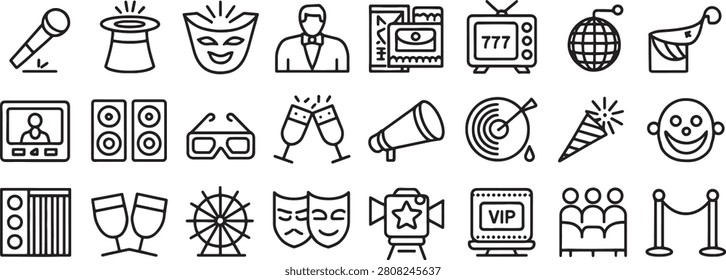 Technology Icons Set with Tv, Globe, Megaphone, Map Pin, and Vip Screen in Simple Outline Style Featuring Icon, Vector, Lineart