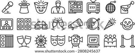 Technology Icons Set with Tv, Globe, Megaphone, Map Pin, and Vip Screen in Simple Outline Style Featuring Icon, Vector, Lineart