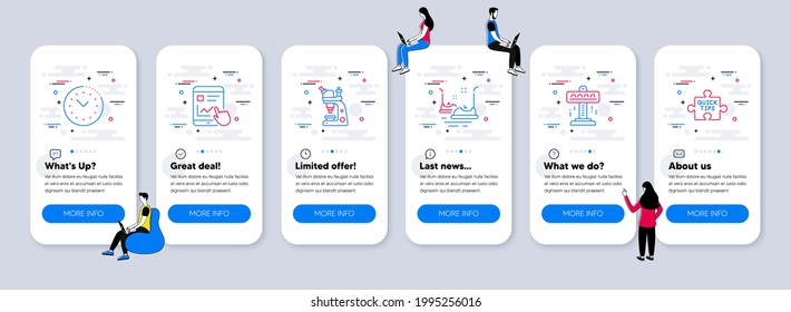 Technology icons set. UI phone app screens with teamwork. Included icon as Bumper cars, Attraction, Microscope signs. Time management, Internet report, Quick tips line icons. Vector