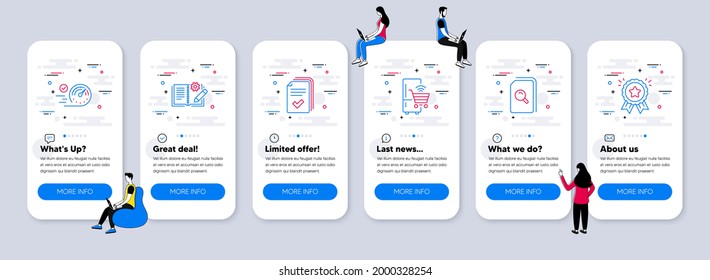 Technology icons set. UI phone app screens with teamwork. Included icon as Search files, Handout, Engineering documentation signs. Speedometer, Refrigerator, Loyalty award line icons. Vector